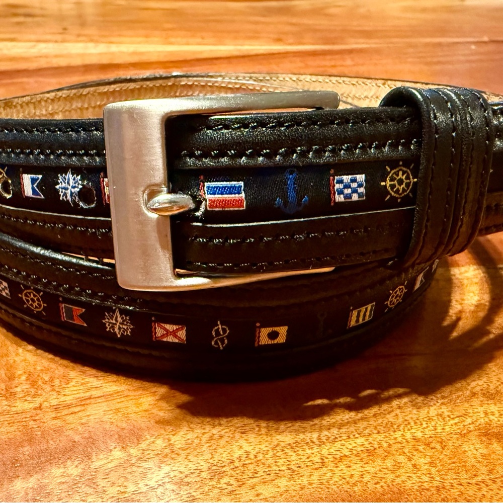 Nautical Themed Black Leather Belt